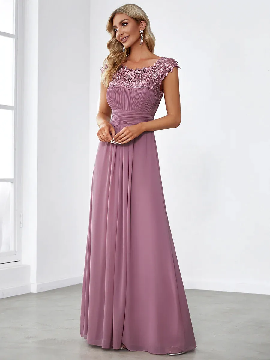 Lacey Neckline Open Back Ruched Bust Formal Dresses