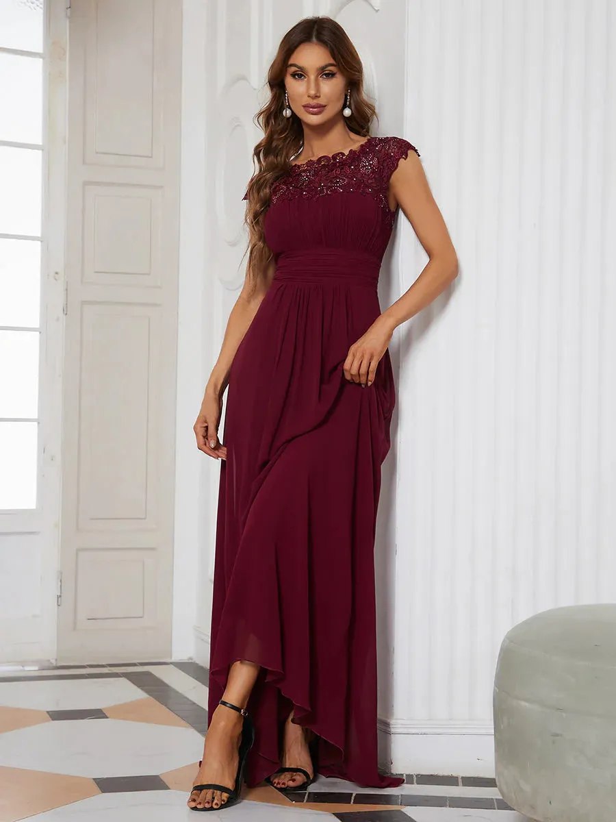 Lacey Neckline Open Back Ruched Bust Formal Dresses