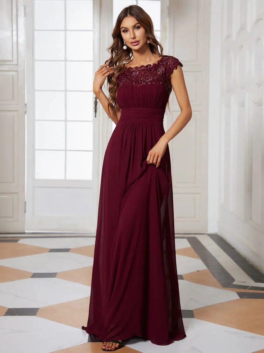 Lacey Neckline Open Back Ruched Bust Formal Dresses