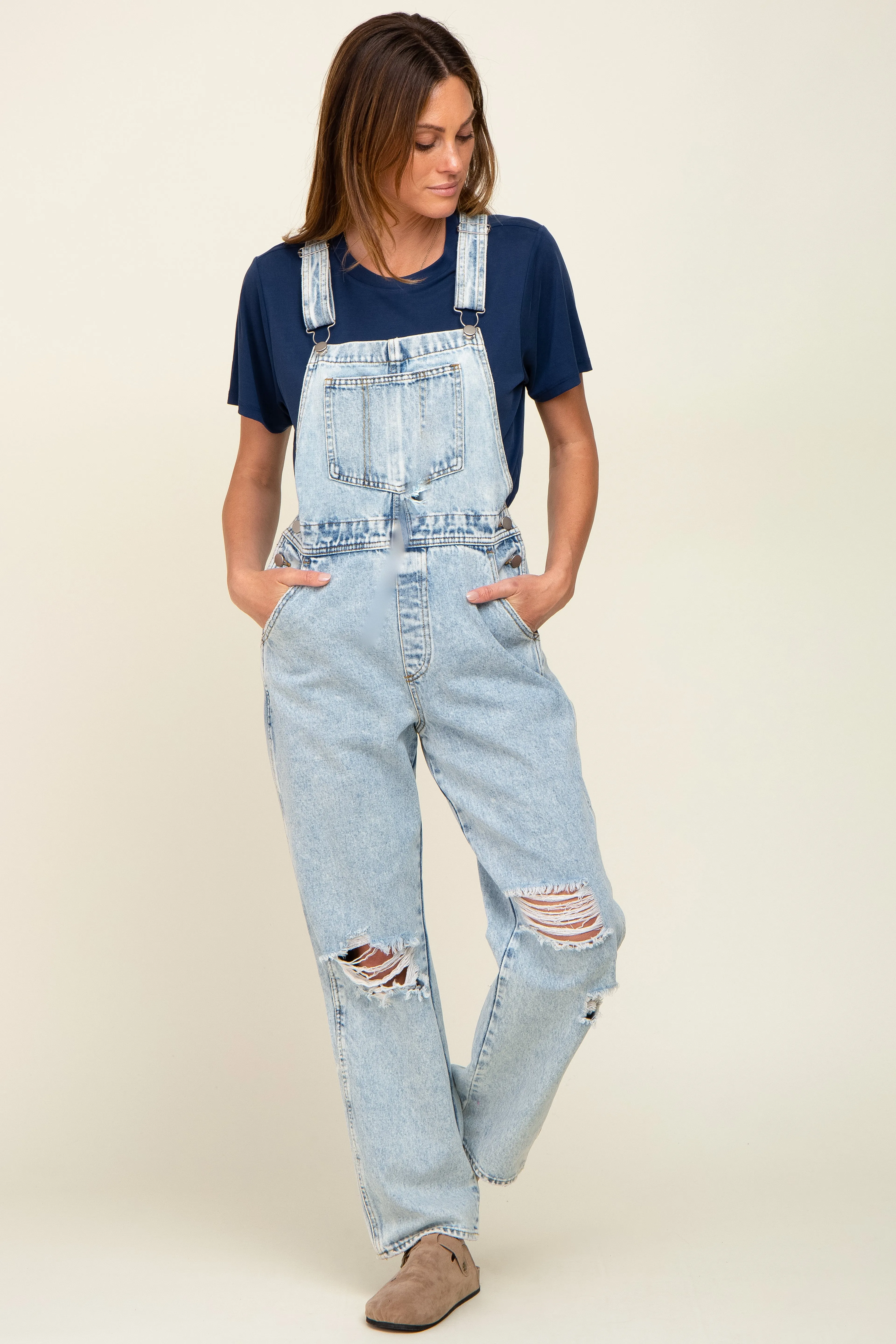 Light Wash Distressed Denim Overalls