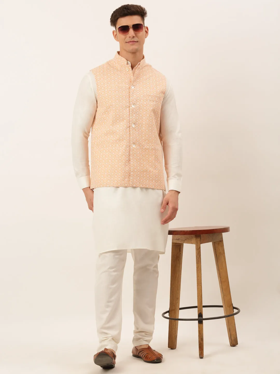 Men's Orange Embroidered Nehru Jackets