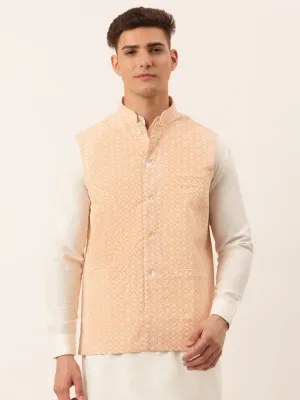 Men's Orange Embroidered Nehru Jackets