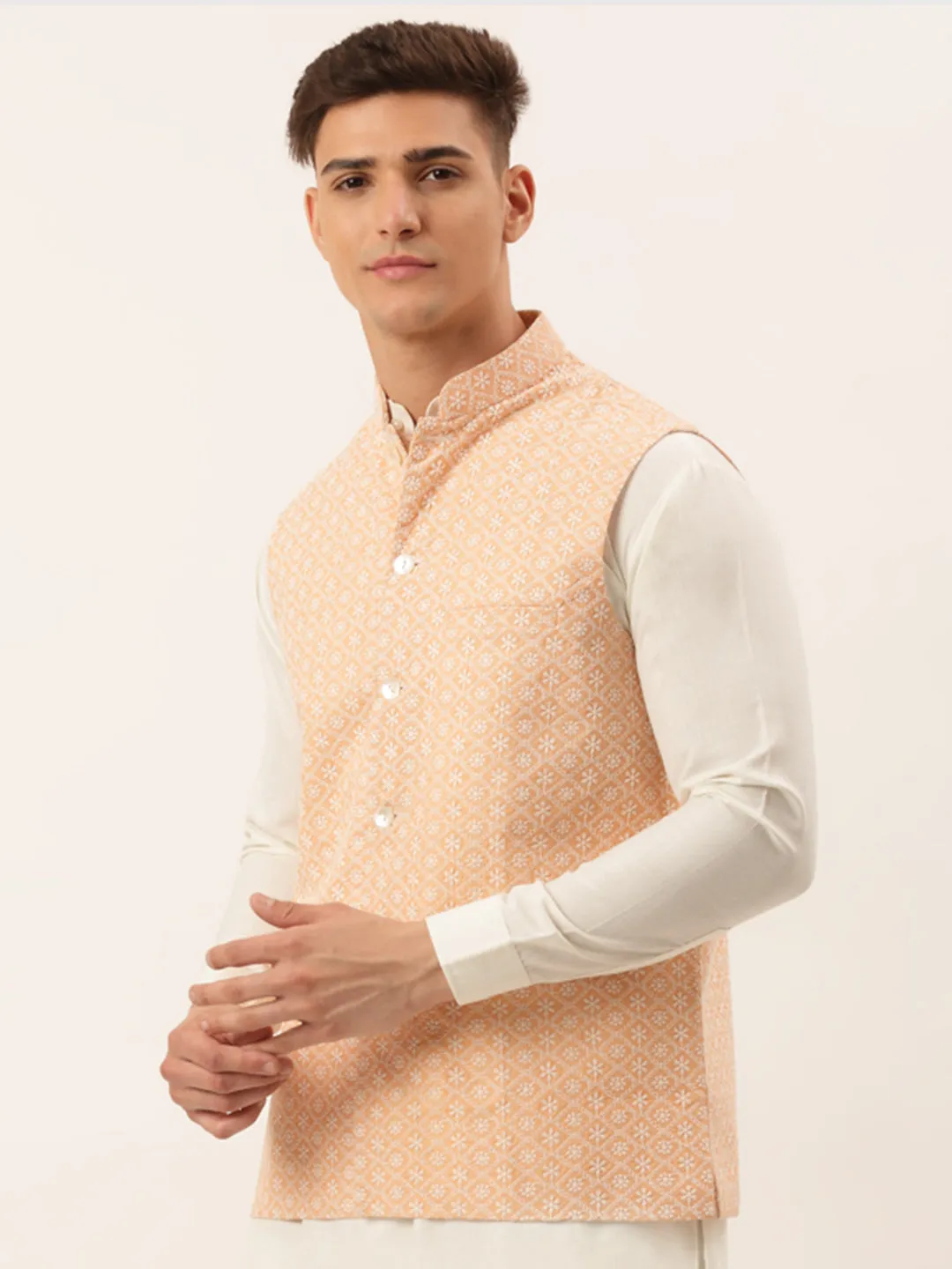 Men's Orange Embroidered Nehru Jackets