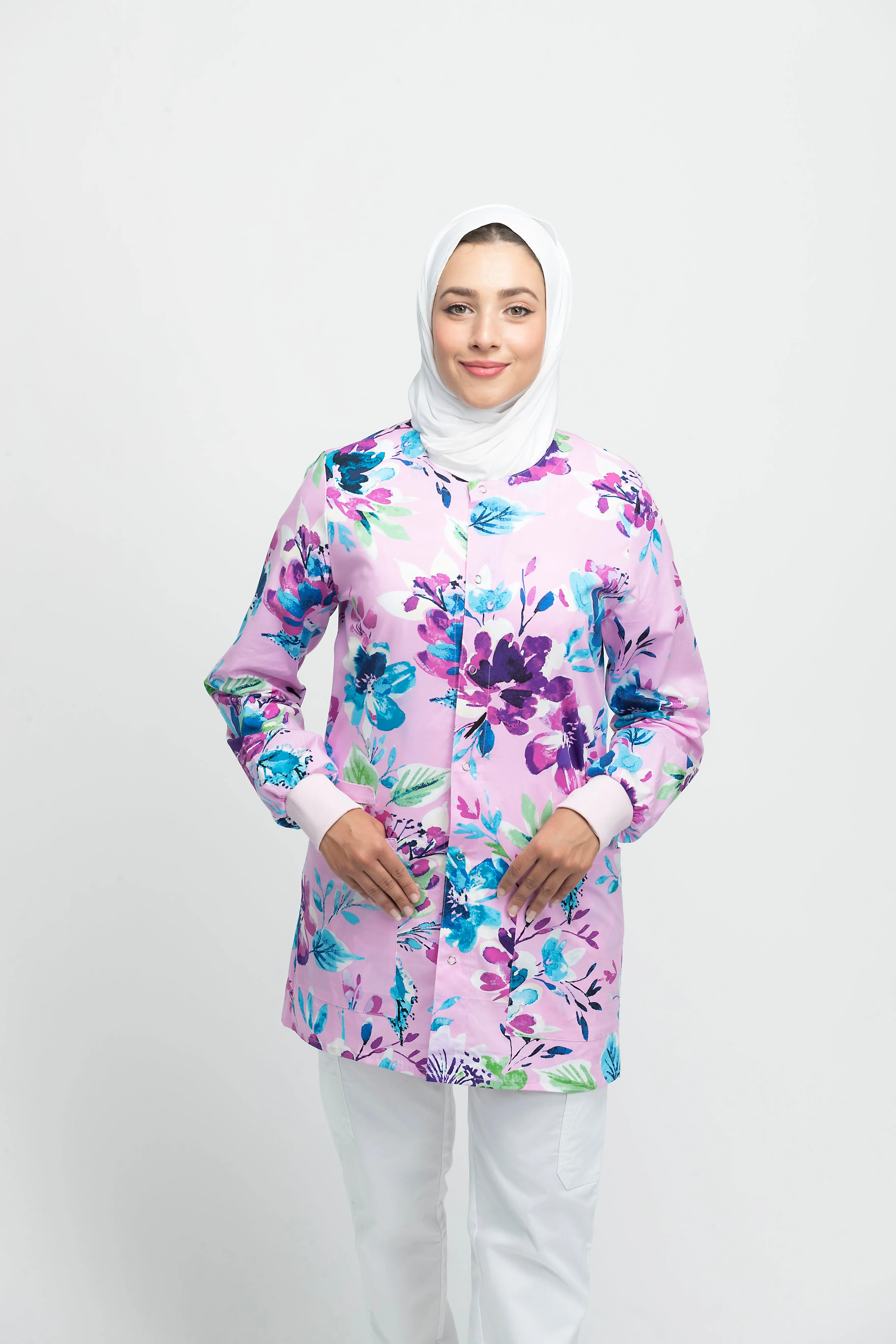 Pink Floral Printed Scrub Jacket