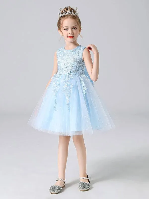 Girls Pink Princess Dress with Jewel Neckline and Floral Lace - Short Formal Pageant Dress for Kids