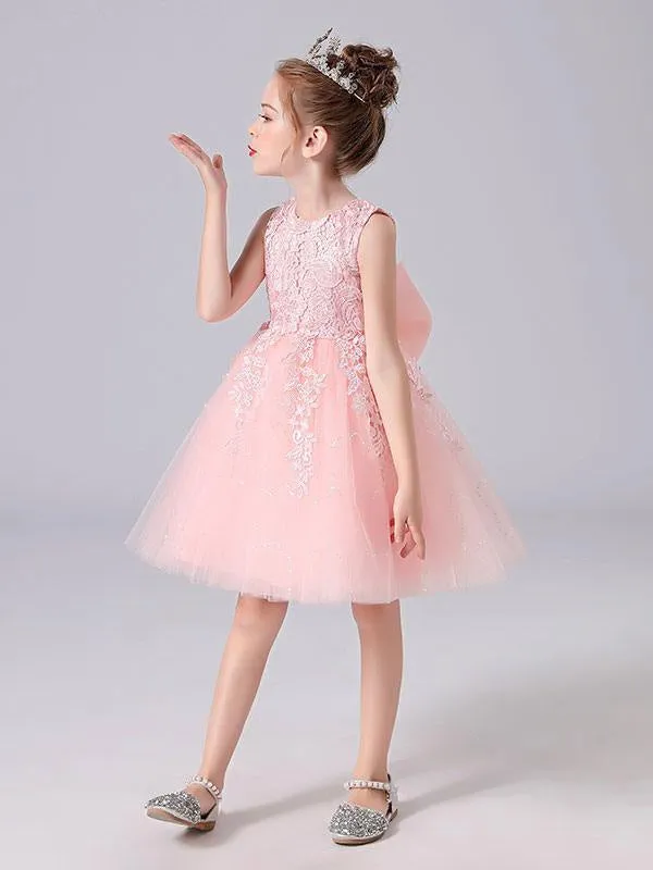 Girls Pink Princess Dress with Jewel Neckline and Floral Lace - Short Formal Pageant Dress for Kids