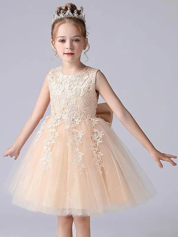 Girls Pink Princess Dress with Jewel Neckline and Floral Lace - Short Formal Pageant Dress for Kids