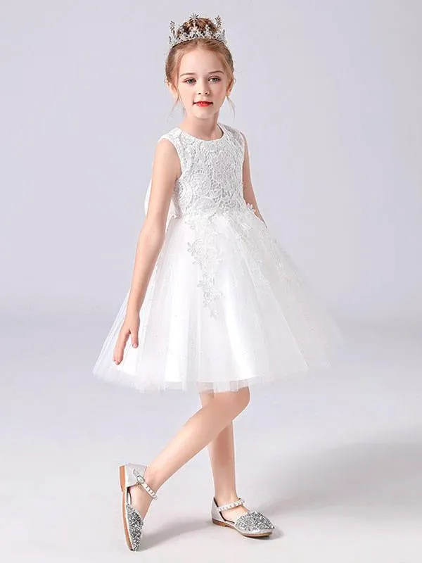 Girls Pink Princess Dress with Jewel Neckline and Floral Lace - Short Formal Pageant Dress for Kids