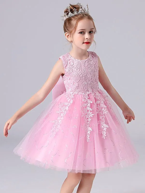 Girls Pink Princess Dress with Jewel Neckline and Floral Lace - Short Formal Pageant Dress for Kids