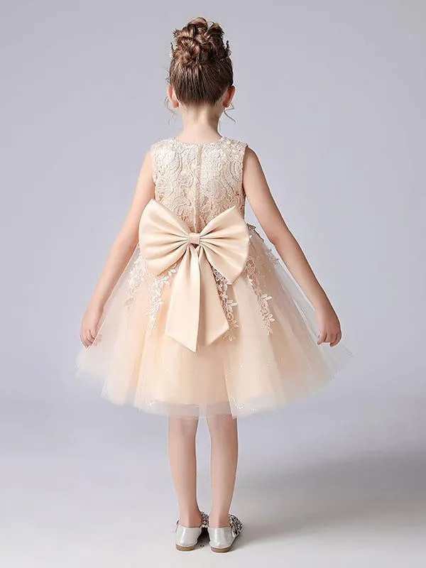 Girls Pink Princess Dress with Jewel Neckline and Floral Lace - Short Formal Pageant Dress for Kids