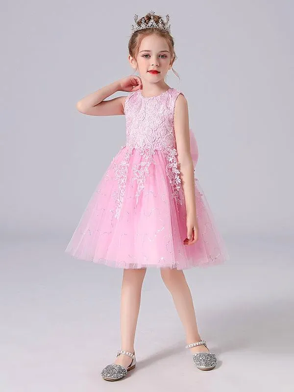 Girls Pink Princess Dress with Jewel Neckline and Floral Lace - Short Formal Pageant Dress for Kids