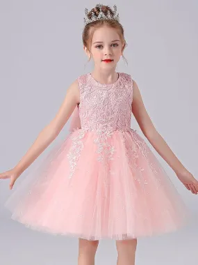 Pink  Princess Dress Jewel Neck Floral Lace Short Formal Kids Pageant Dresses