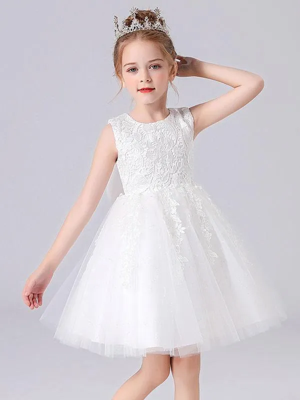 Girls Pink Princess Dress with Jewel Neckline and Floral Lace - Short Formal Pageant Dress for Kids