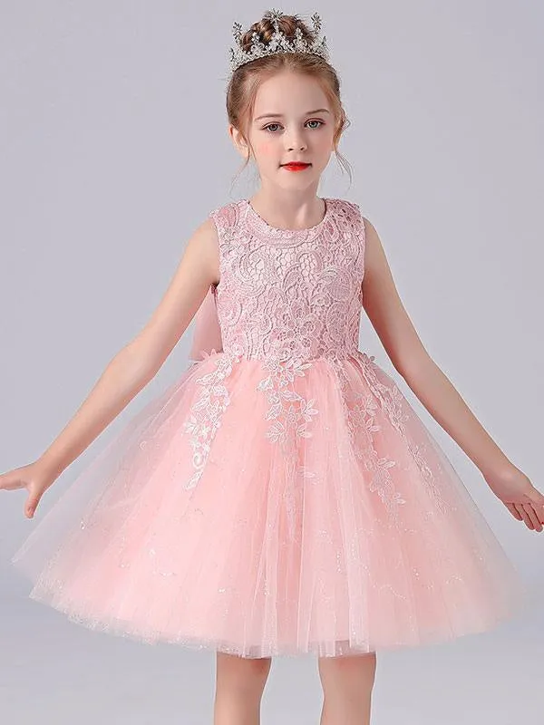 Girls Pink Princess Dress with Jewel Neckline and Floral Lace - Short Formal Pageant Dress for Kids