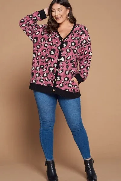 Plus Size Cozy Animal Mir Print With Brush Button Up Cardigan