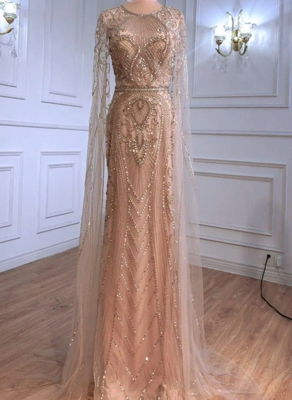 Rayna Elegant Cape Sleeves Beading Evening Dress