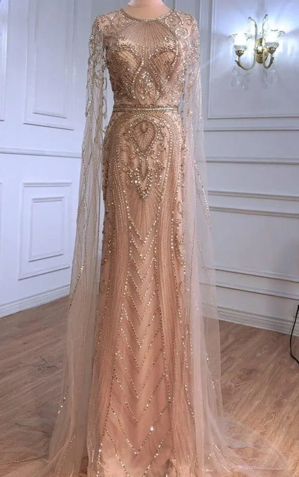 Rayna Elegant Cape Sleeves Beading Evening Dress