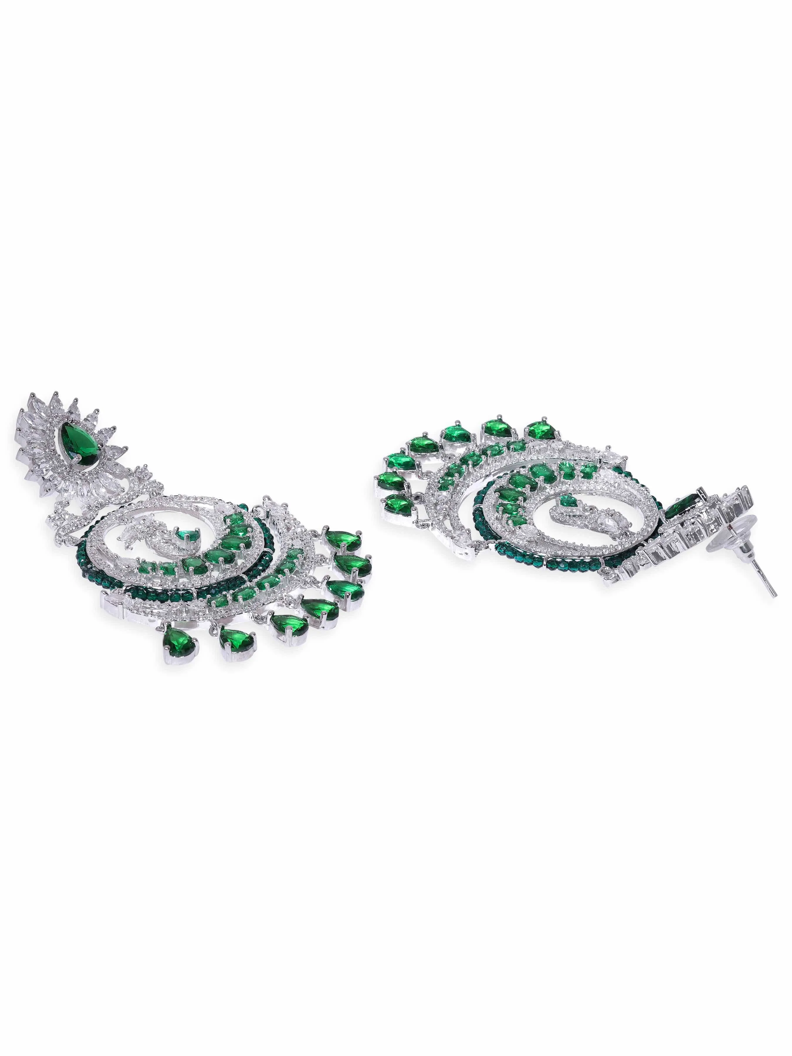 Rubans Exquisite Elegance Rhodium Plated Zirconia and Emerald studded Chandbali Earrings