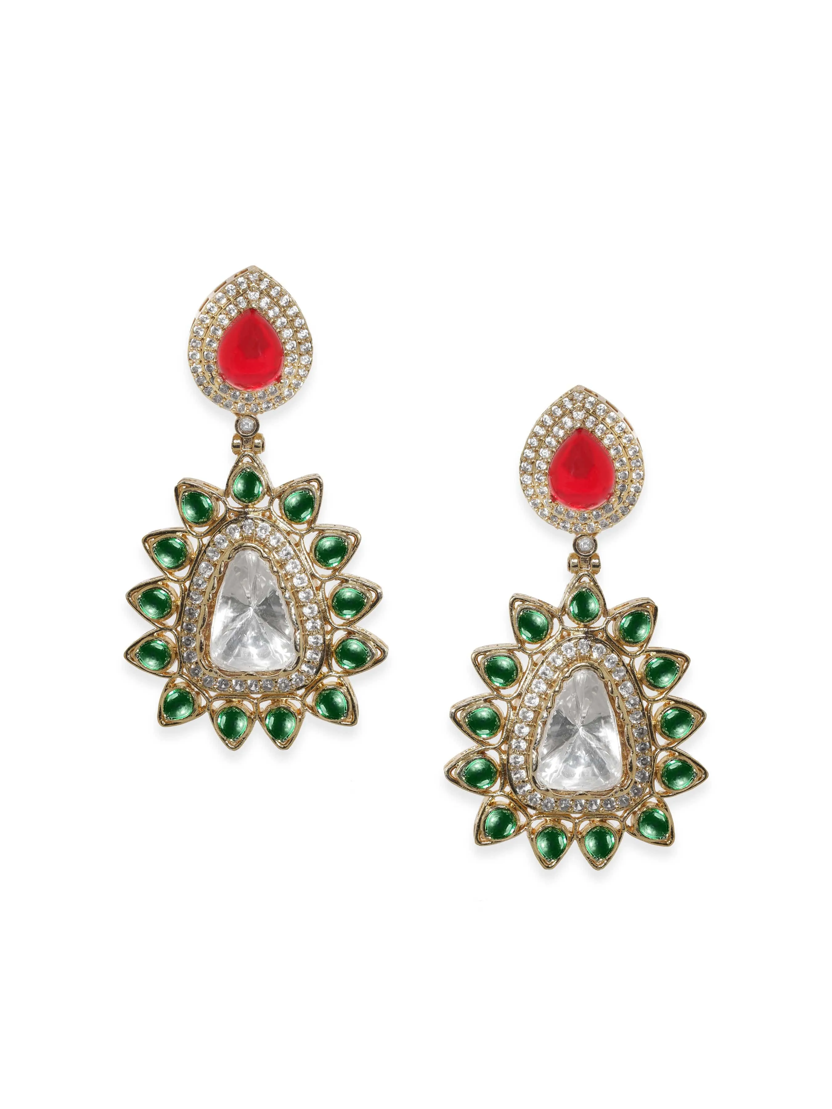 Rubans Exquisite Gold Tone Multicolor Kundan and AD Dangle Earrings