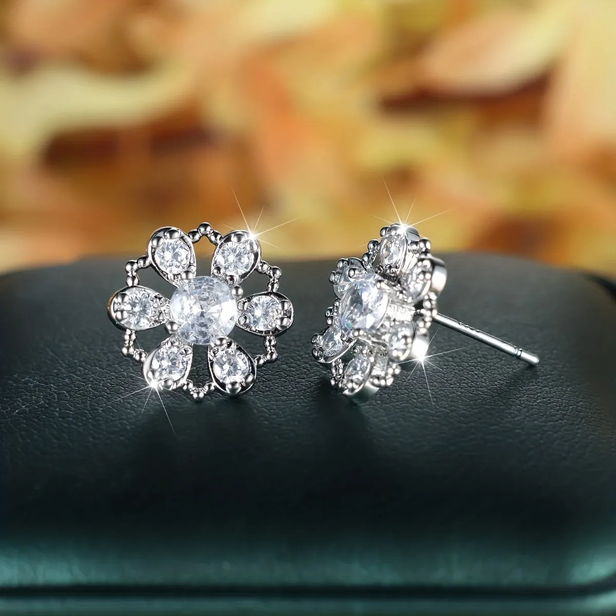 Silvery Exquisite Flower Design Shiny Zircon Decor Stud Earrings Elegant Japanese / Korean Style Copper Jewelry Trendy Female Gift