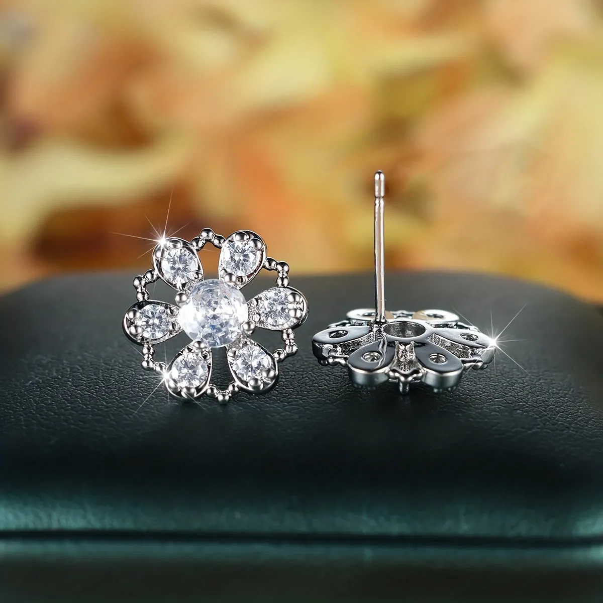 Silvery Exquisite Flower Design Shiny Zircon Decor Stud Earrings Elegant Japanese / Korean Style Copper Jewelry Trendy Female Gift