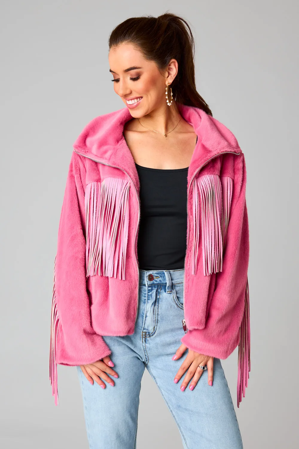 Skylar Fringe Faux Fur Jacket - Hot Pink