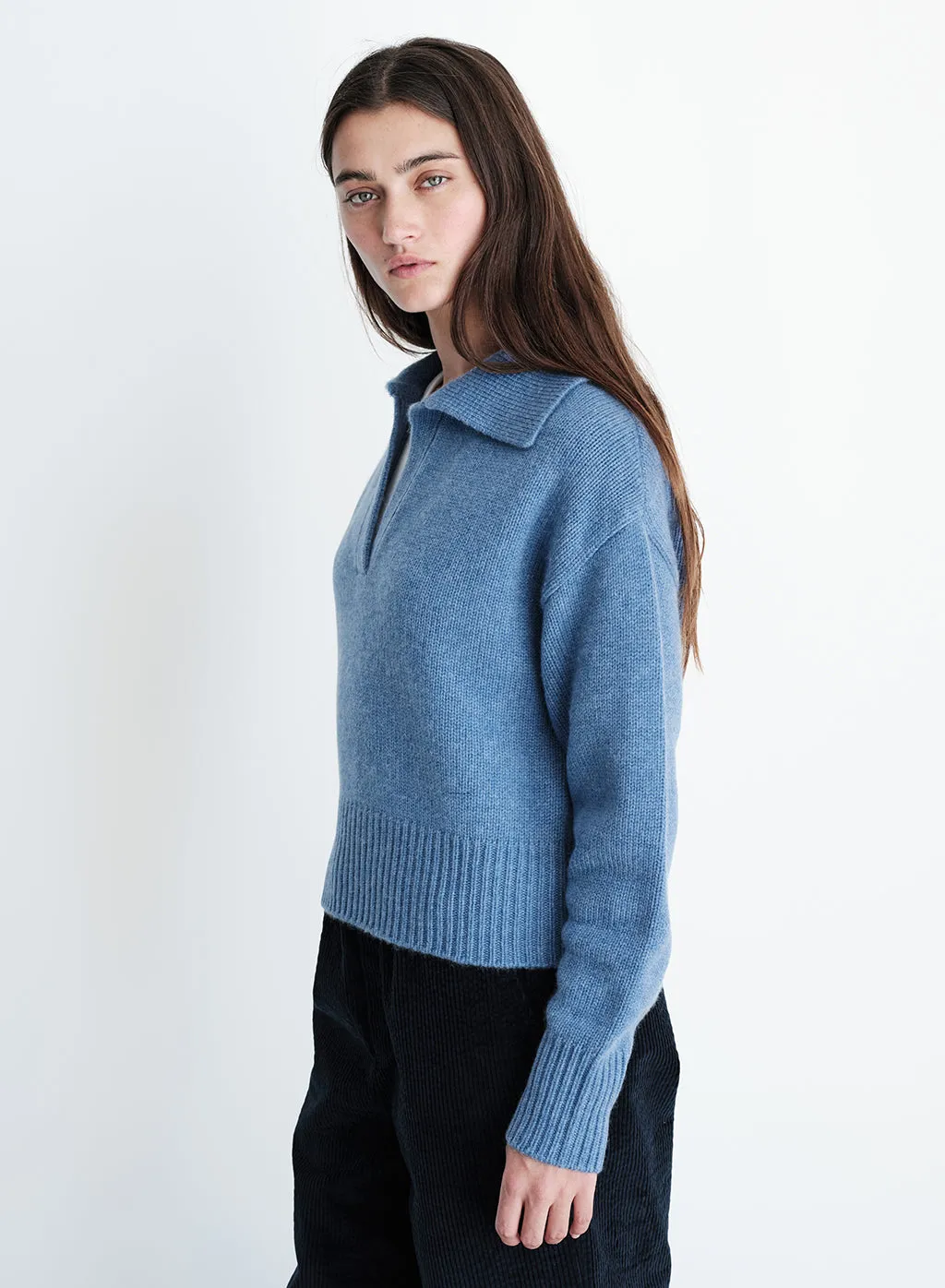 Stateside Cozy Cashmere Blend Johnny Collar Sweater in Denim