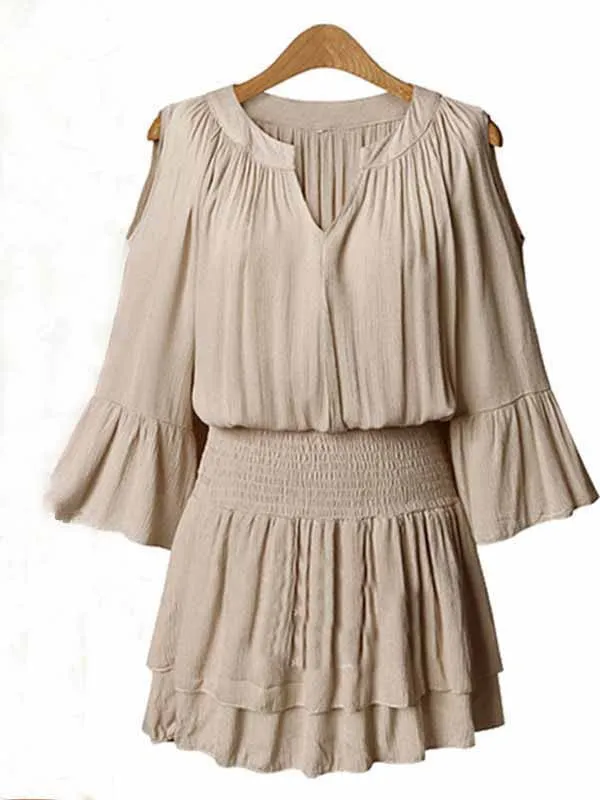 V-neck Elbow sleeve Waist Loose Chiffon Dress