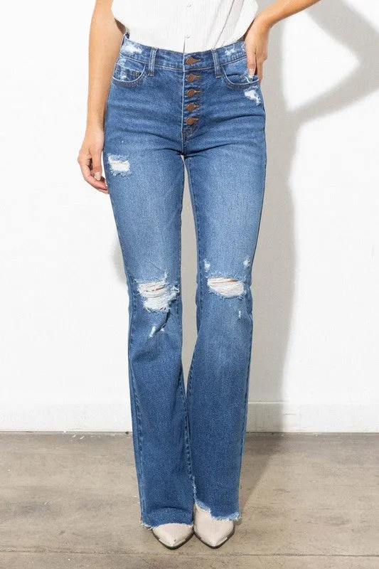 Vibrant - High Waisted Distressed Bootcut Jeans