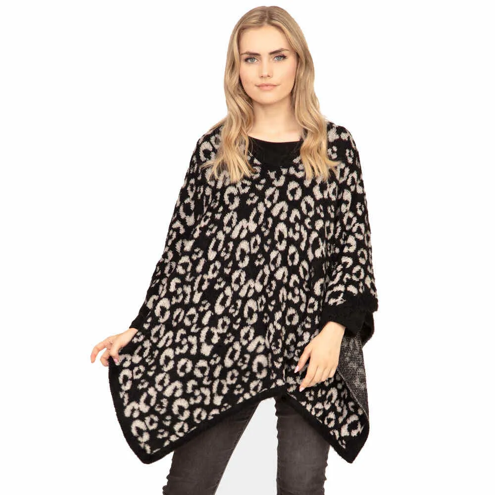 Warm Cozy Leopard Printed Poncho Animal Pattern Poncho