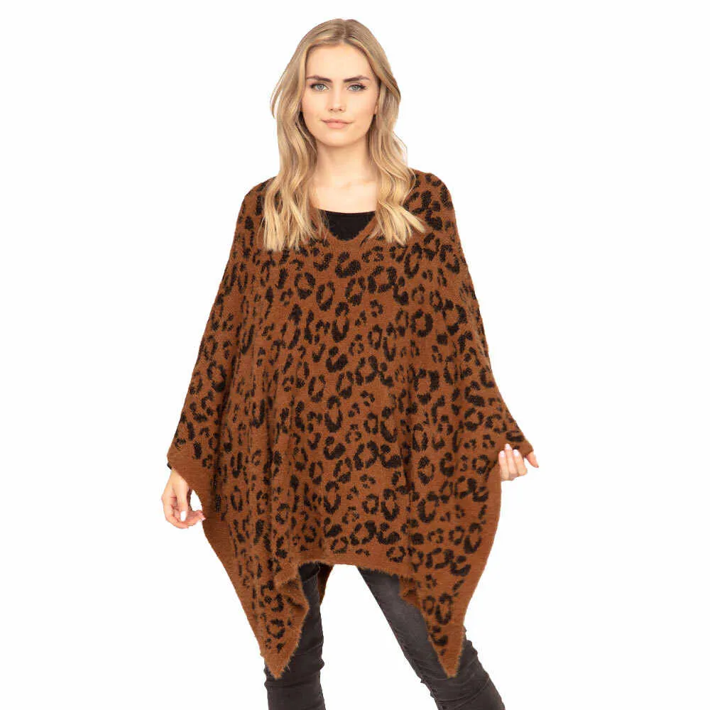 Warm Cozy Leopard Printed Poncho Animal Pattern Poncho