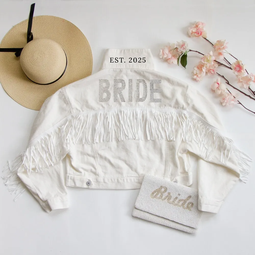 (White Fringe) Bride Rhinestone Patch Jean Jacket