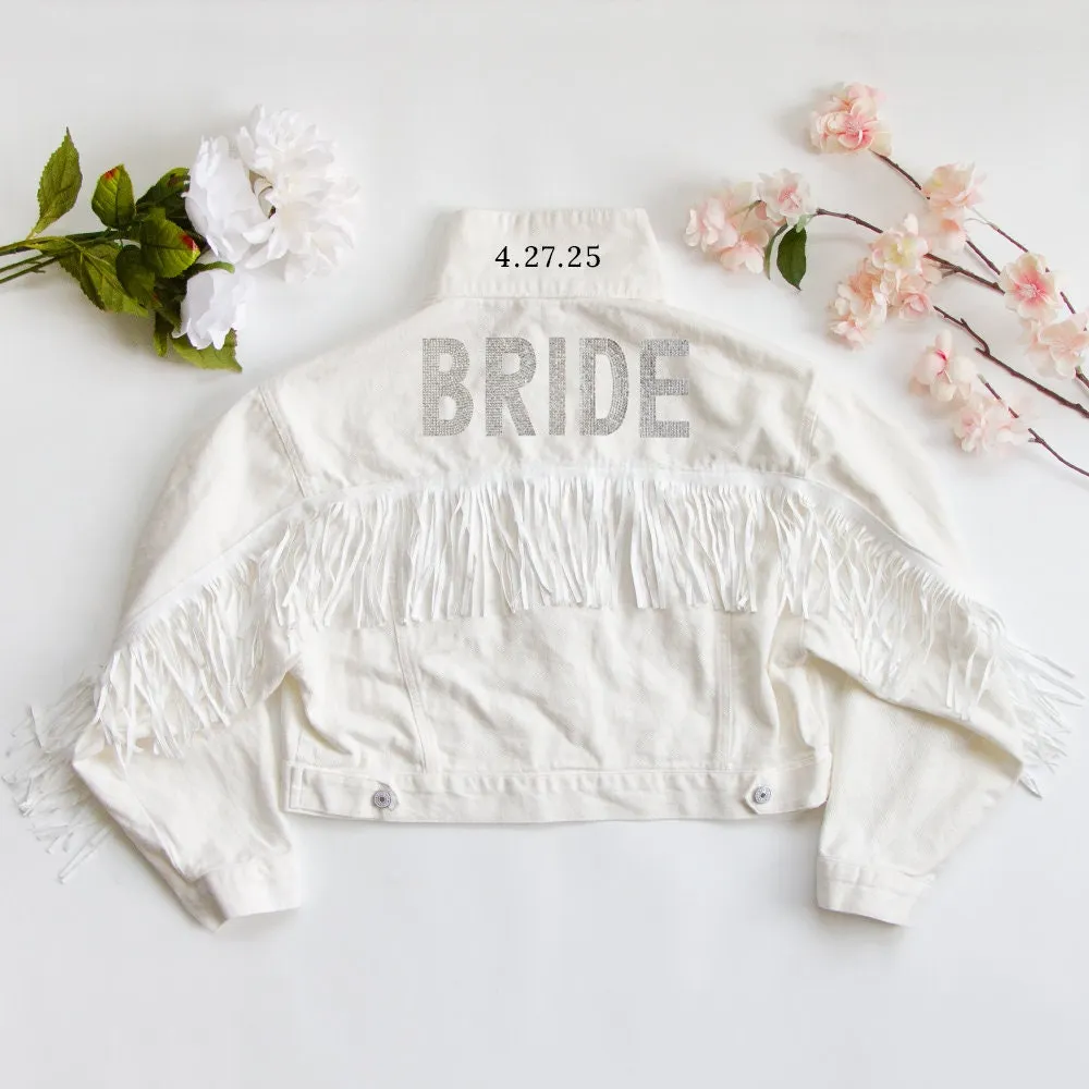 (White Fringe) Bride Rhinestone Patch Jean Jacket