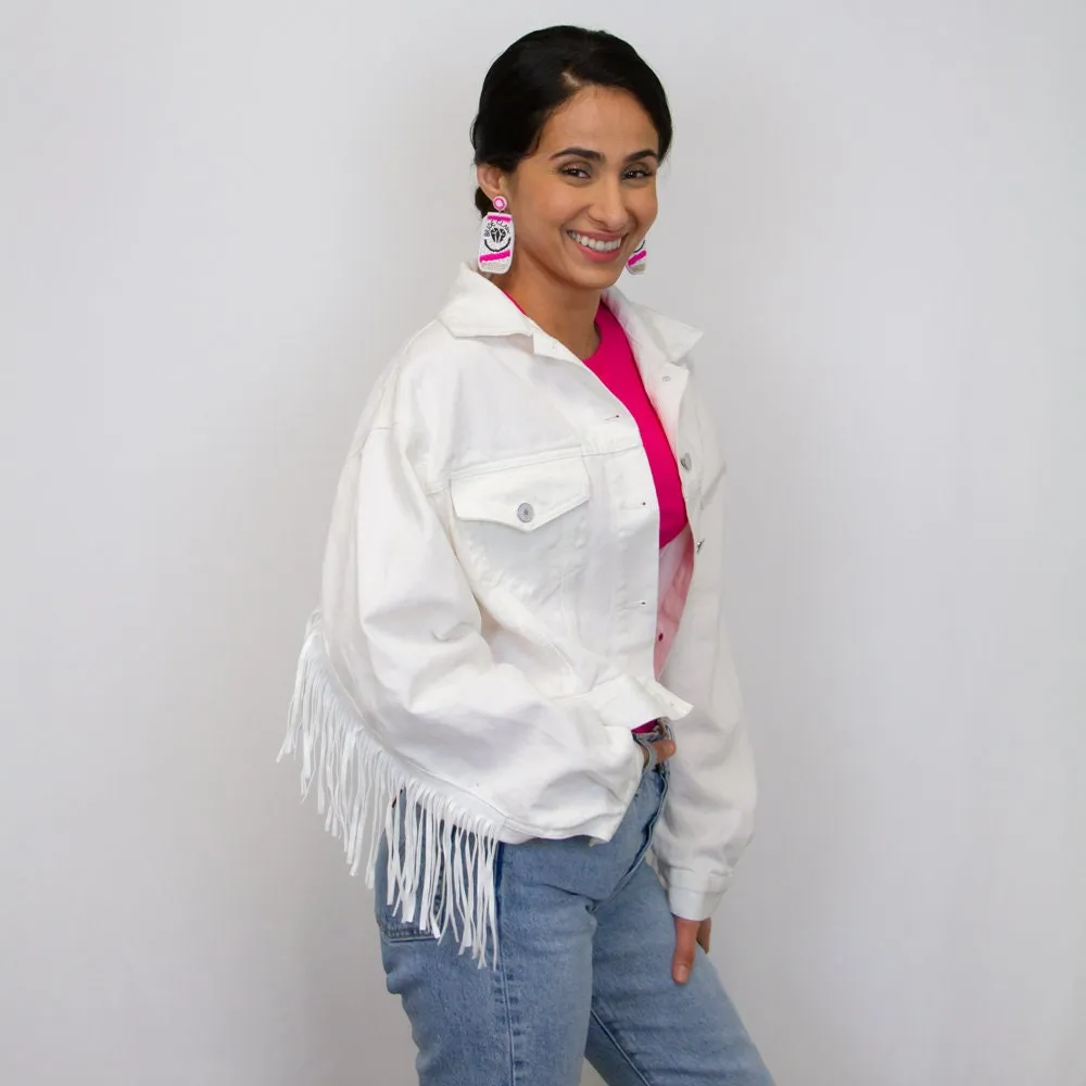 (White Fringe) Bride Rhinestone Patch Jean Jacket