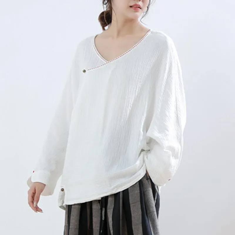 Women Embroidered Casual Button Front Loose Blouse