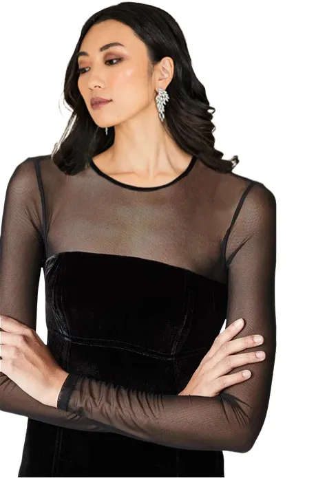 Womens Formal Illusion Neck Velvet Gown