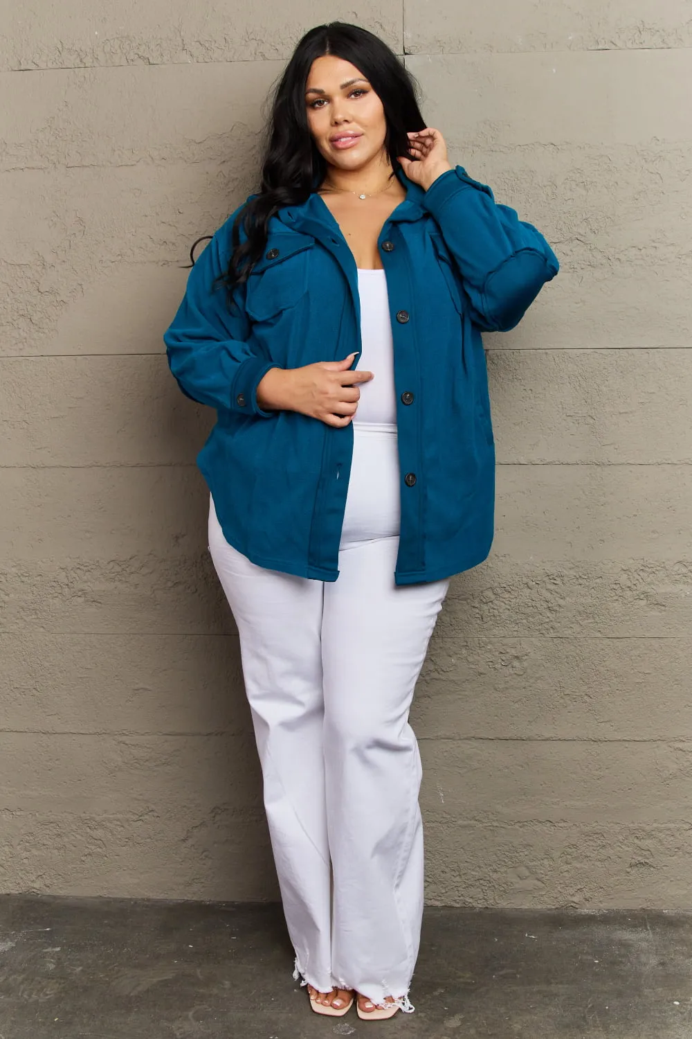 Zenana Cozy in the Cabin Full Size Fleece Elbow Patch Shacket in Teal